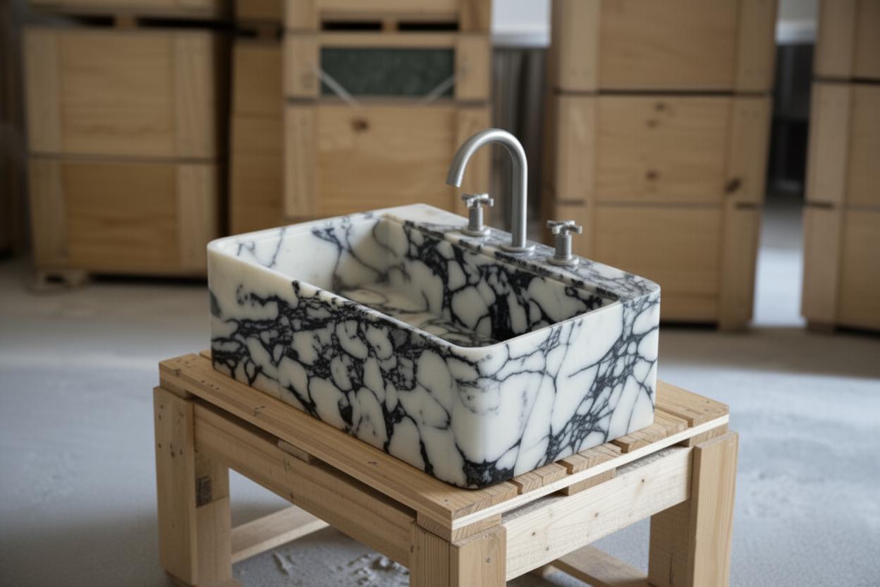 Hand-carved white marble vessel sink crated in the workshop before insured DDP shipping to the US