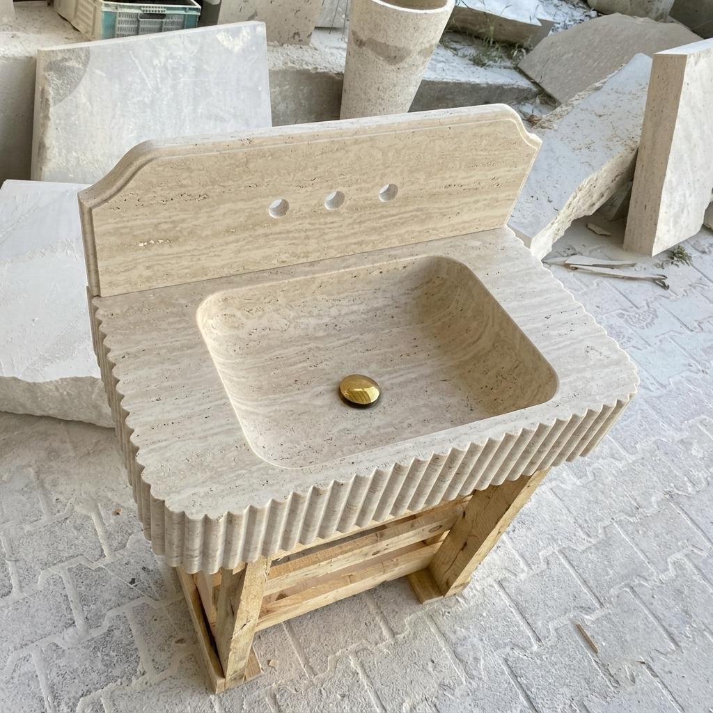 Fluted beige travertine washstand with brass drain
