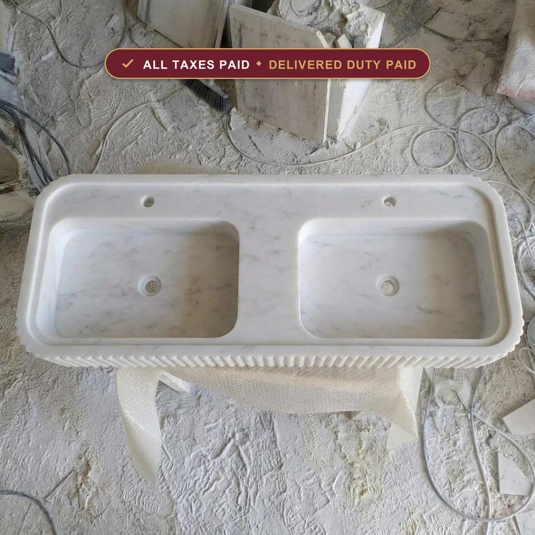 Handcarved Carrara white marble fluted double basin vessel sink