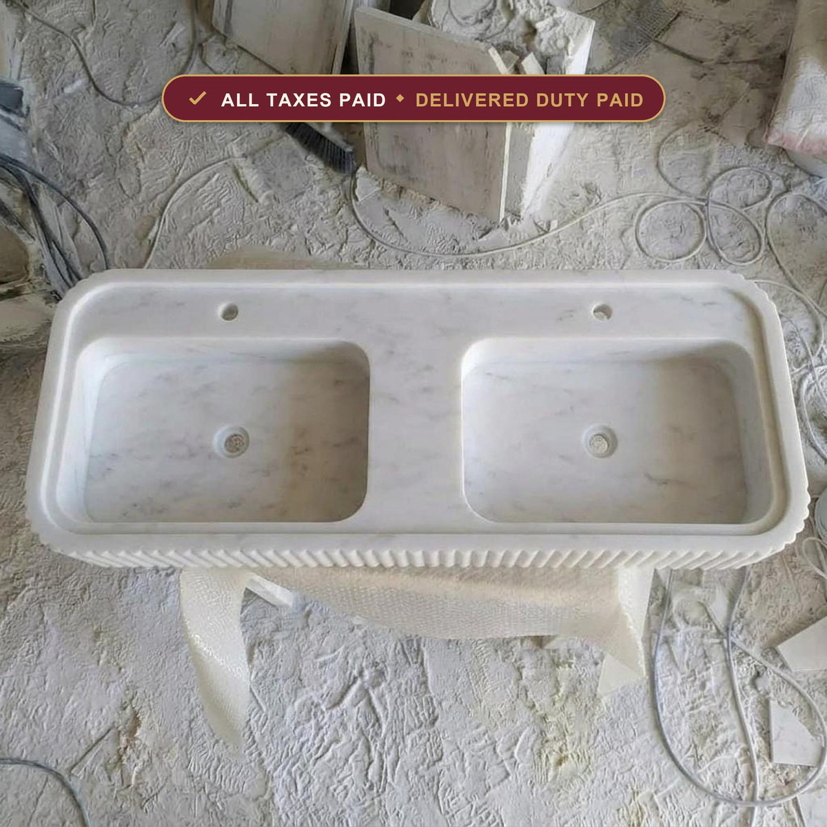 Handcarved Carrara white marble fluted double basin vessel sink