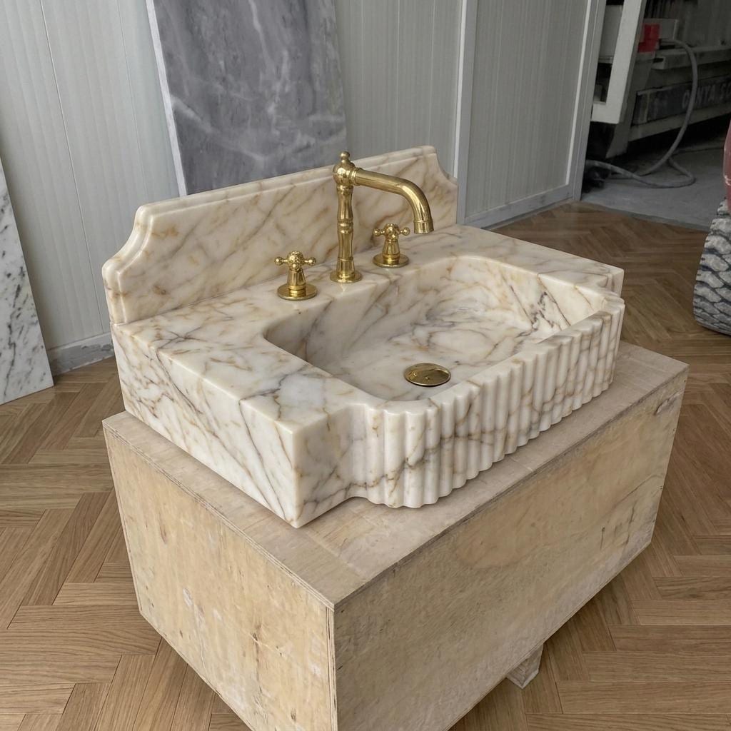 Calacatta Gold marble basin with integrated counter and backsplash carved from one block