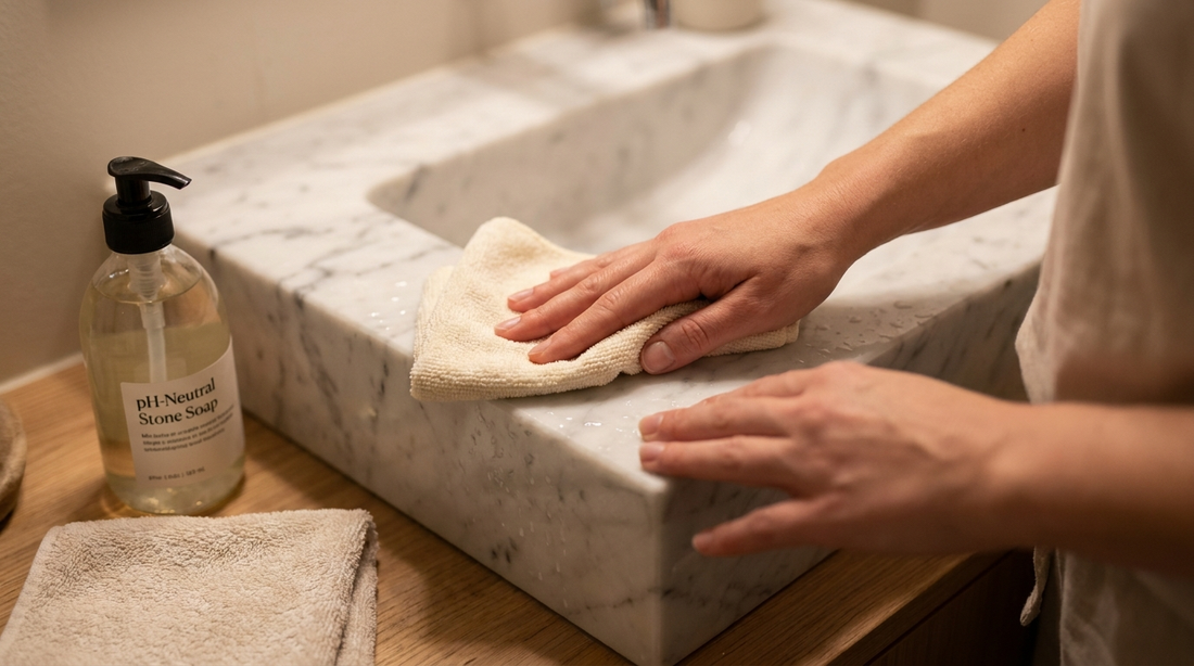 Wiping a white marble sink with a soft cloth and pH-neutral soap