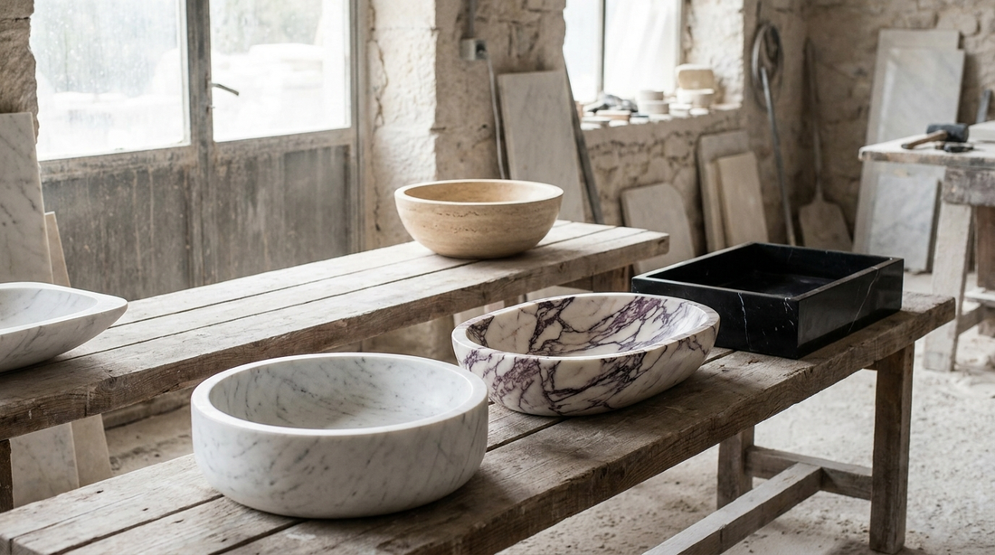 Different handcarved marble vessel sinks displayed in a stone workshop showroom