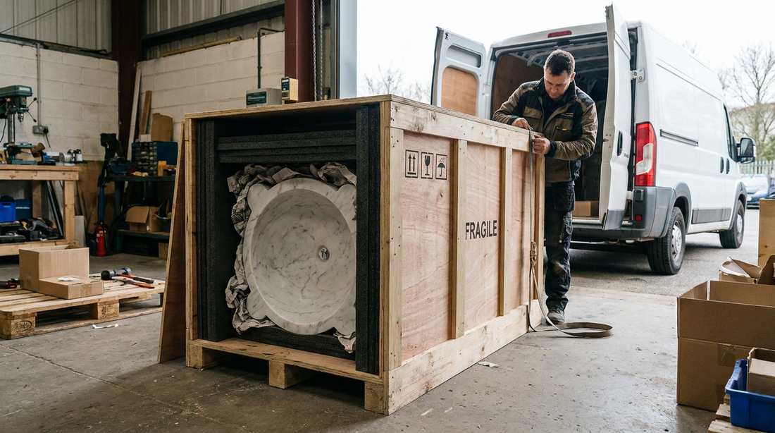 Marble sink packed in a wooden export crate ready for insured shipping