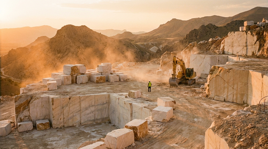 Anatolian marble quarry with freshly cut blocks at golden hour
