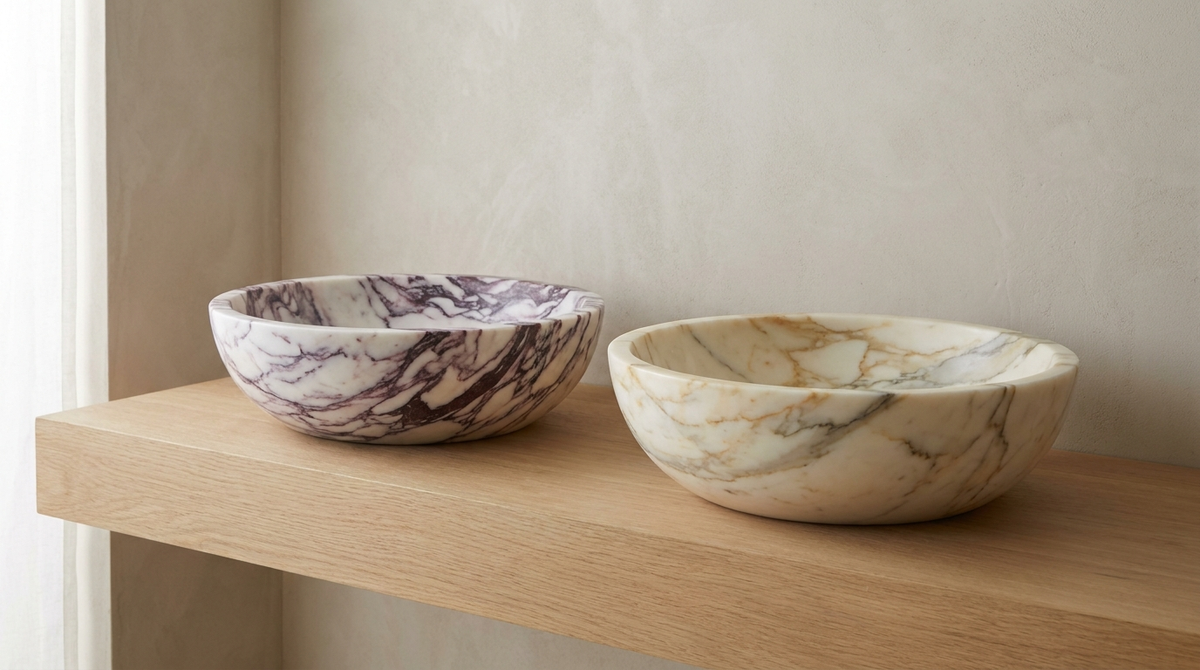 Calacatta Viola and Calacatta Gold marble sinks side by side