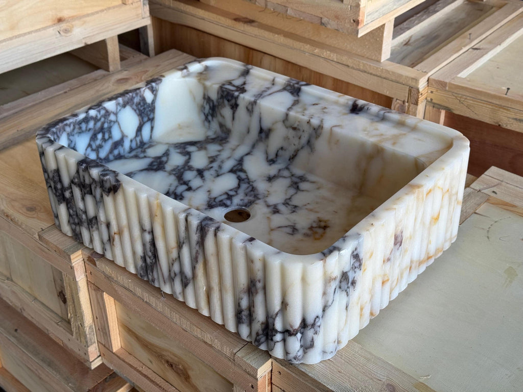 Handcarved Calacatta Viola marble vessel sink by Marblyart, custom made to order — photo 9 of 11