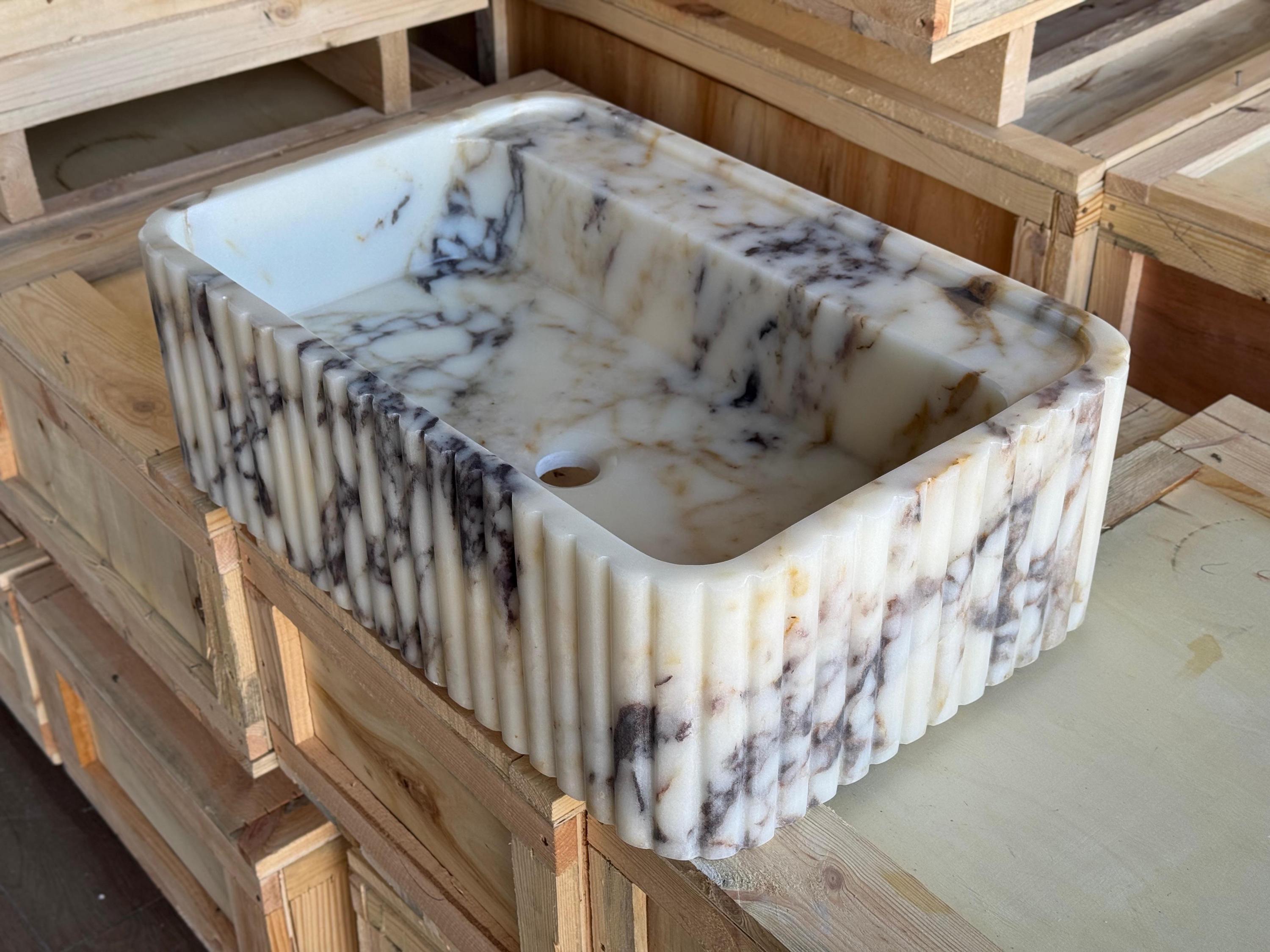Handcarved Calacatta Viola marble fluted vessel sink by Marblyart, custom made to order — photo 6 of 11