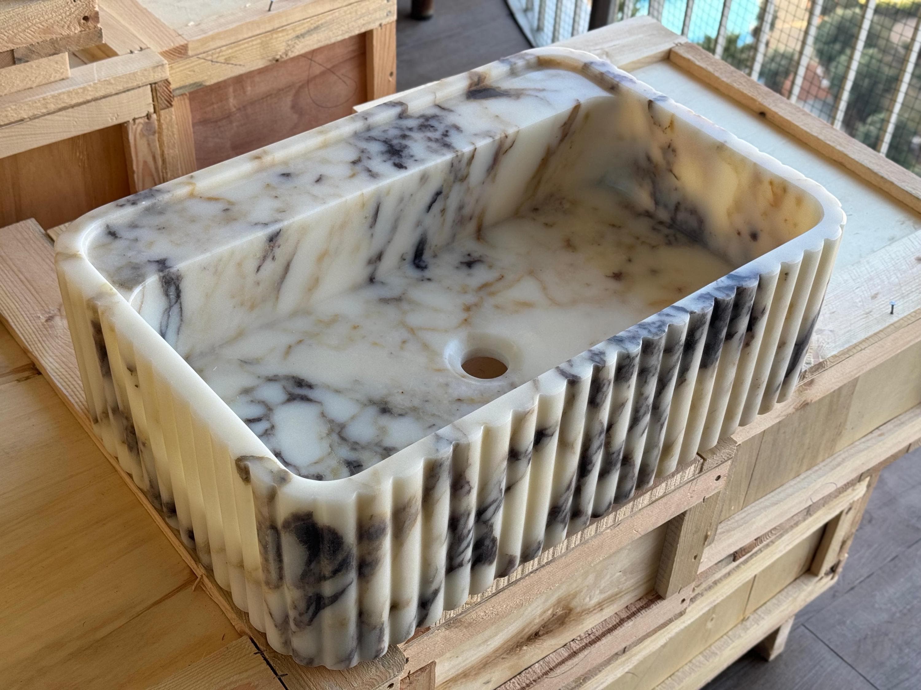 Handcarved Calacatta Viola marble fluted vessel sink by Marblyart, custom made to order — photo 8 of 11