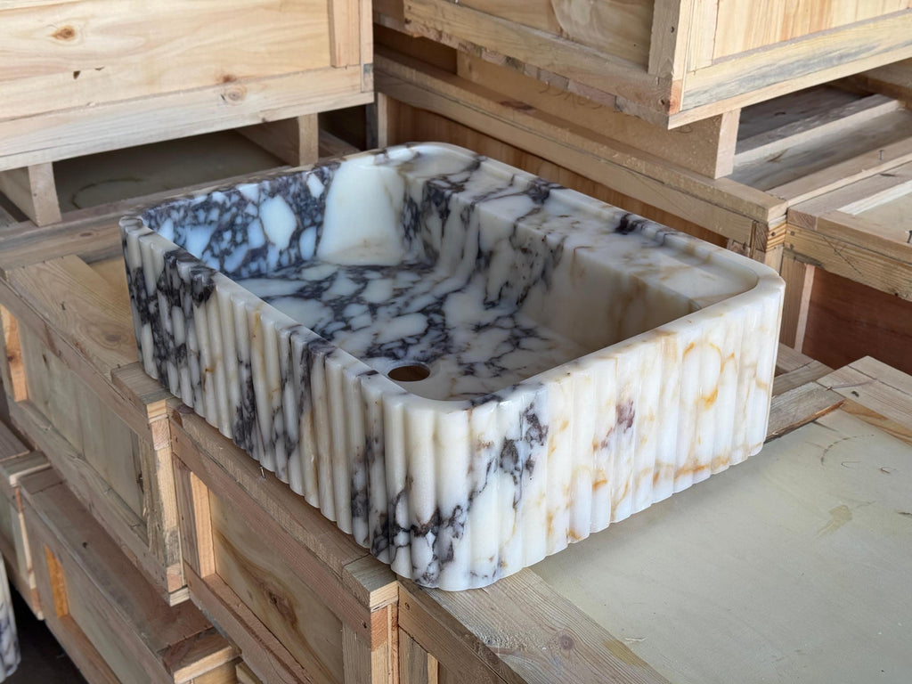 Handcarved Calacatta Viola marble vessel sink by Marblyart, custom made to order — photo 6 of 11