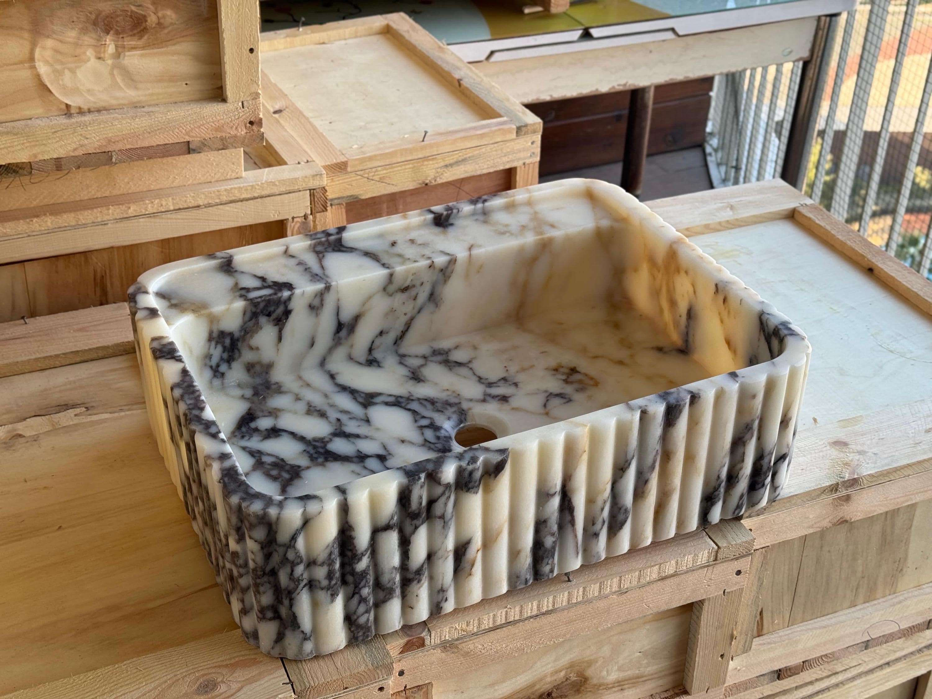 Handcarved Calacatta Viola marble vessel sink by Marblyart, custom made to order — photo 4 of 11