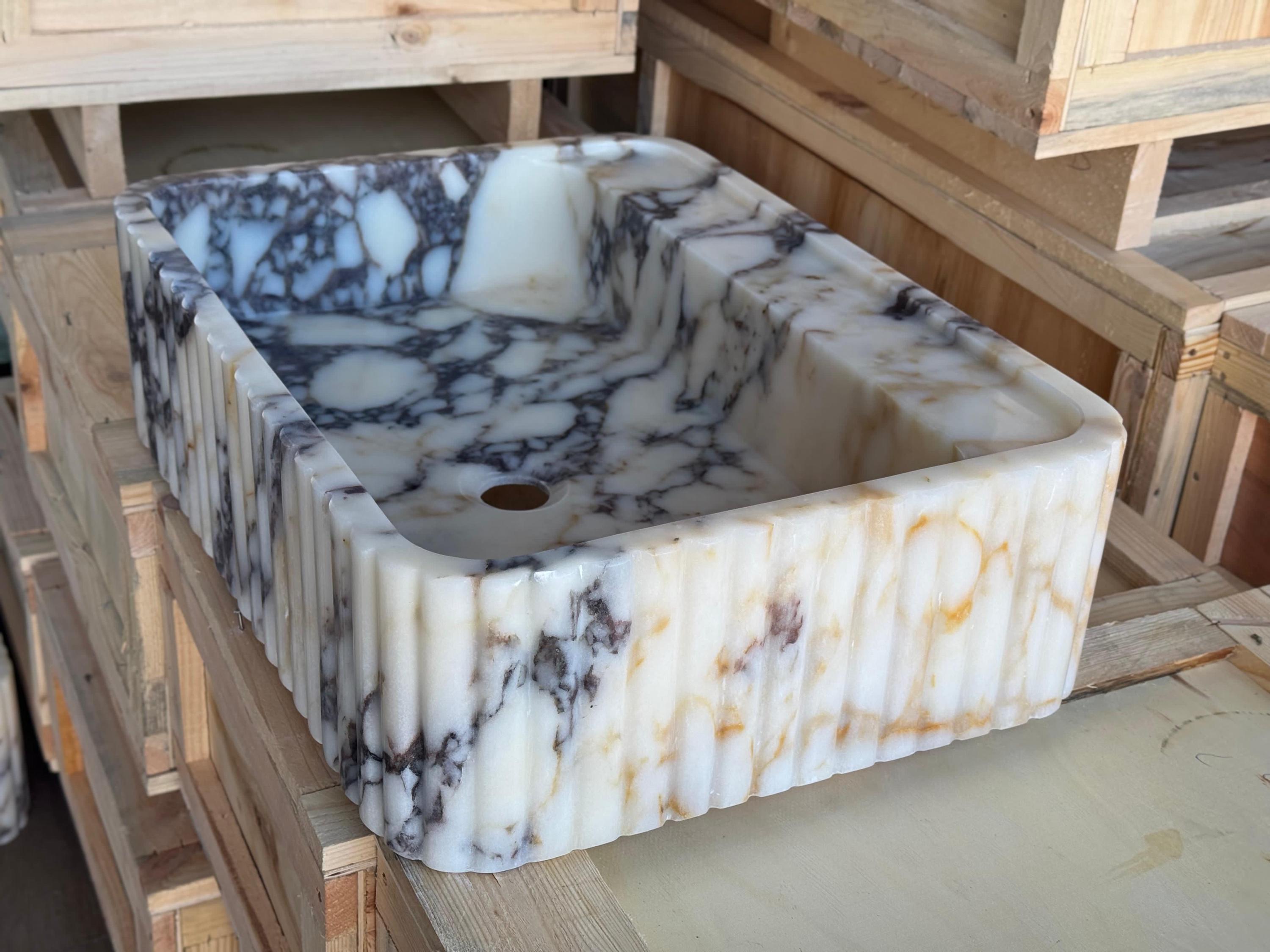 Handcarved Calacatta Viola marble vessel sink by Marblyart, custom made to order — photo 5 of 11