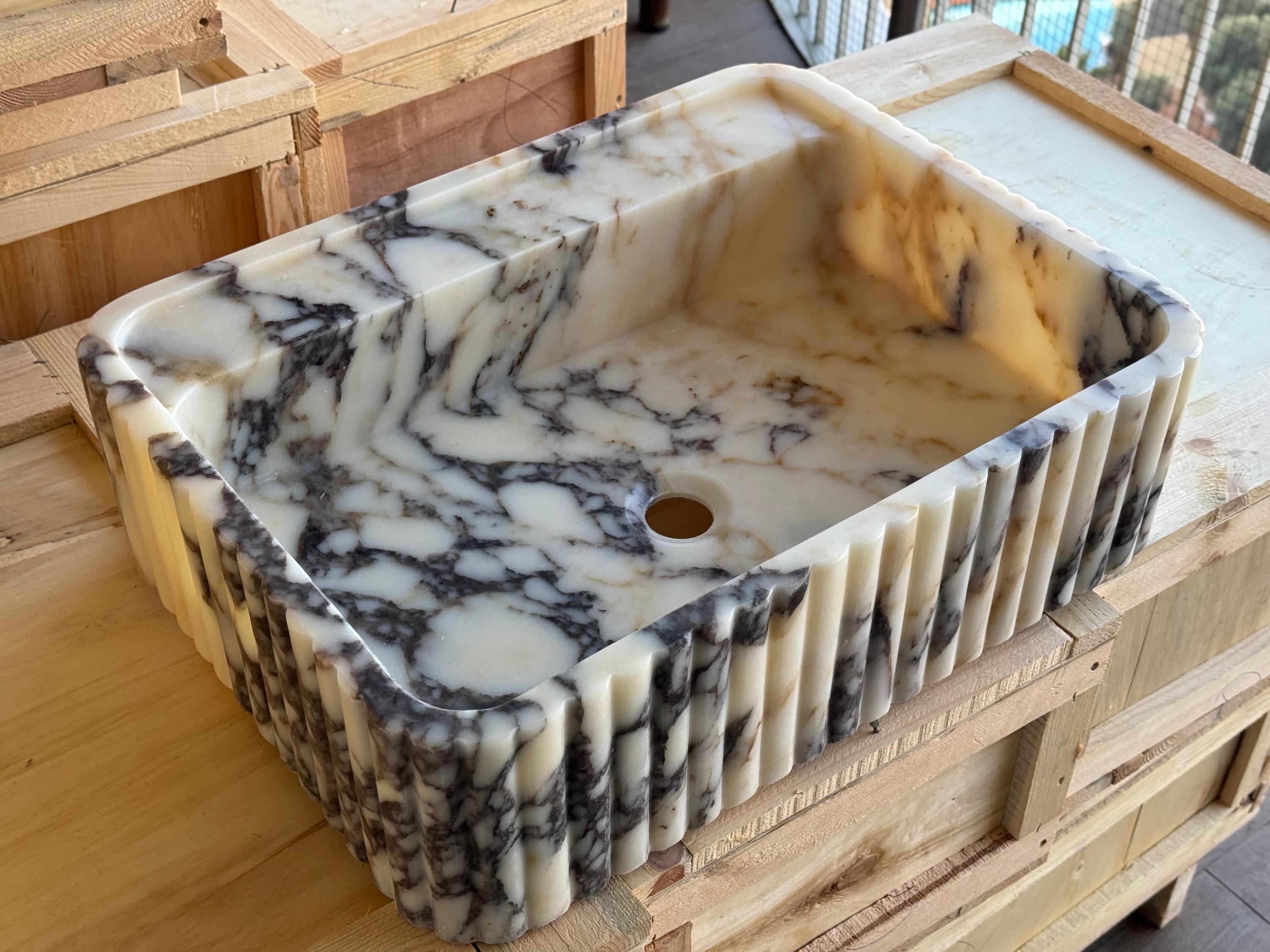 Handcarved Calacatta Viola marble vessel sink by Marblyart, custom made to order — photo 7 of 11
