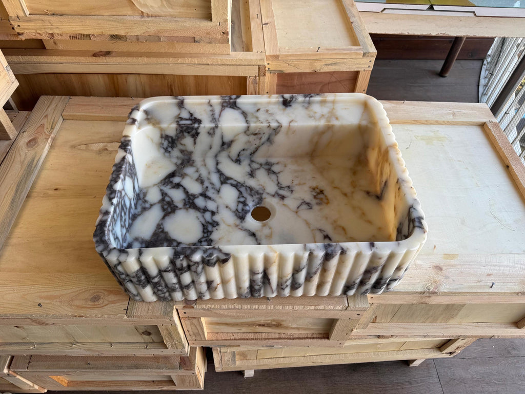 Handcarved Calacatta Viola marble vessel sink by Marblyart, custom made to order — photo 10 of 11