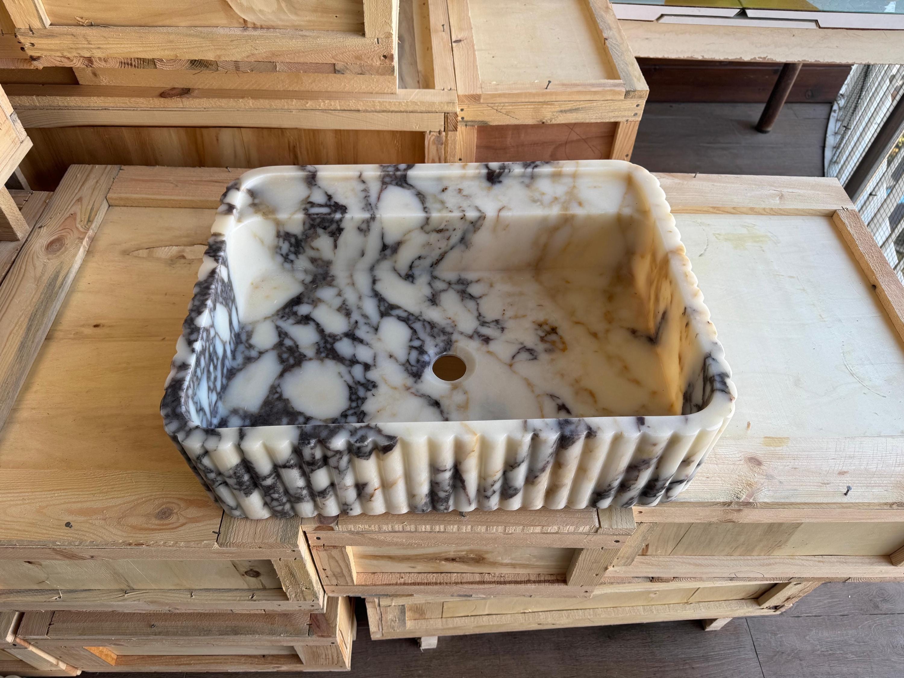 Handcarved Calacatta Viola marble vessel sink by Marblyart, custom made to order — photo 10 of 11