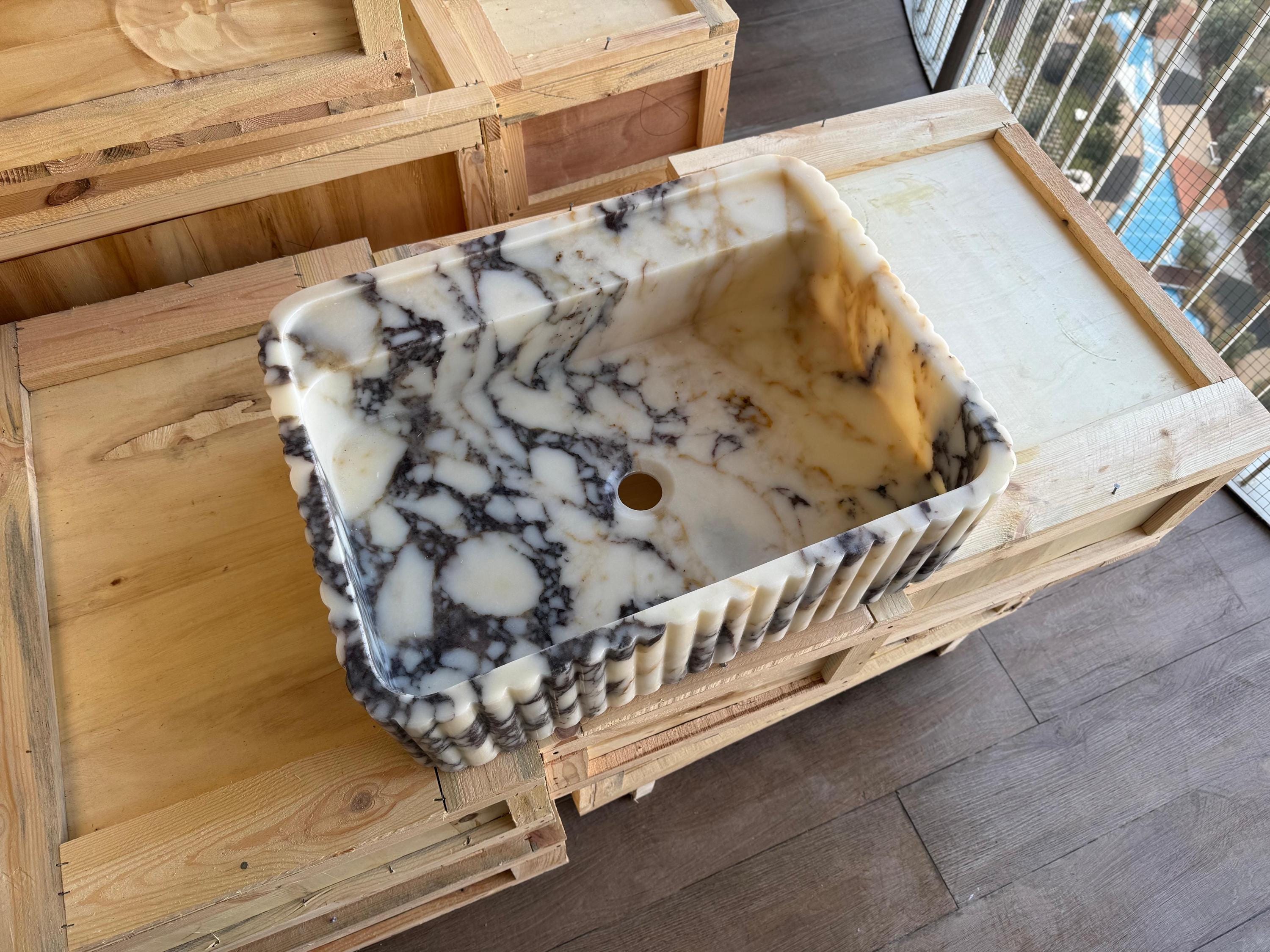 Handcarved Calacatta Viola marble vessel sink by Marblyart, custom made to order — photo 11 of 11