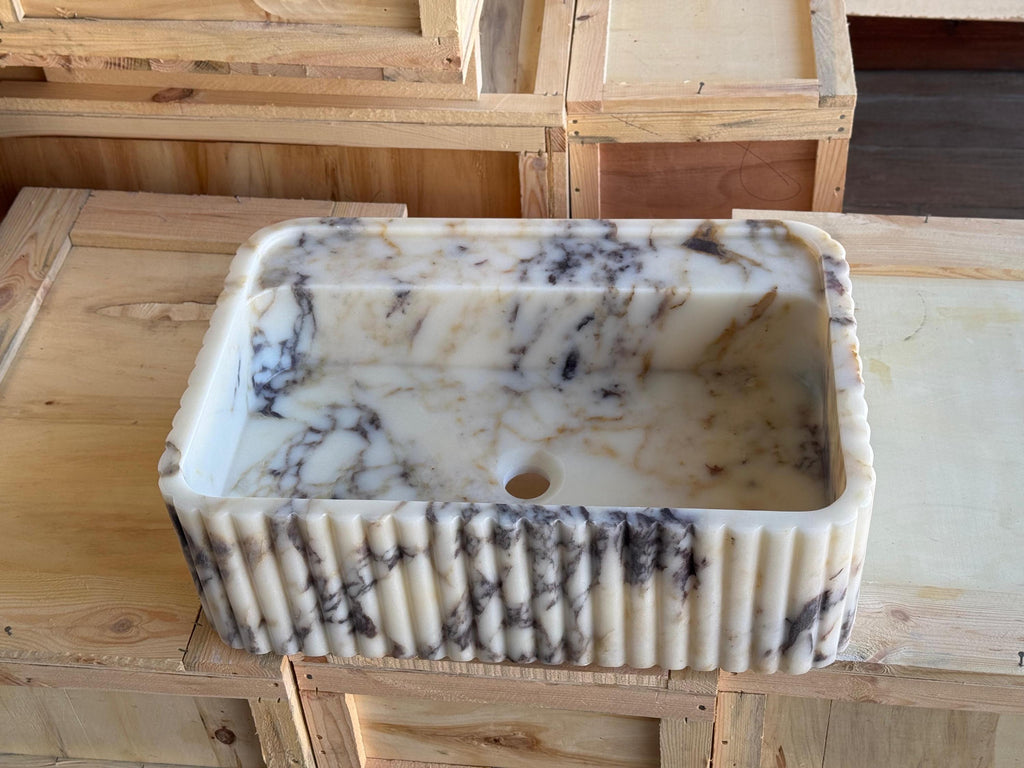 Handcarved Calacatta Viola marble fluted vessel sink by Marblyart, custom made to order — photo 3 of 11