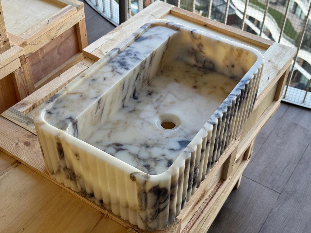 Handcarved Calacatta Viola marble fluted vessel sink by Marblyart, custom made to order — photo 5 of 11