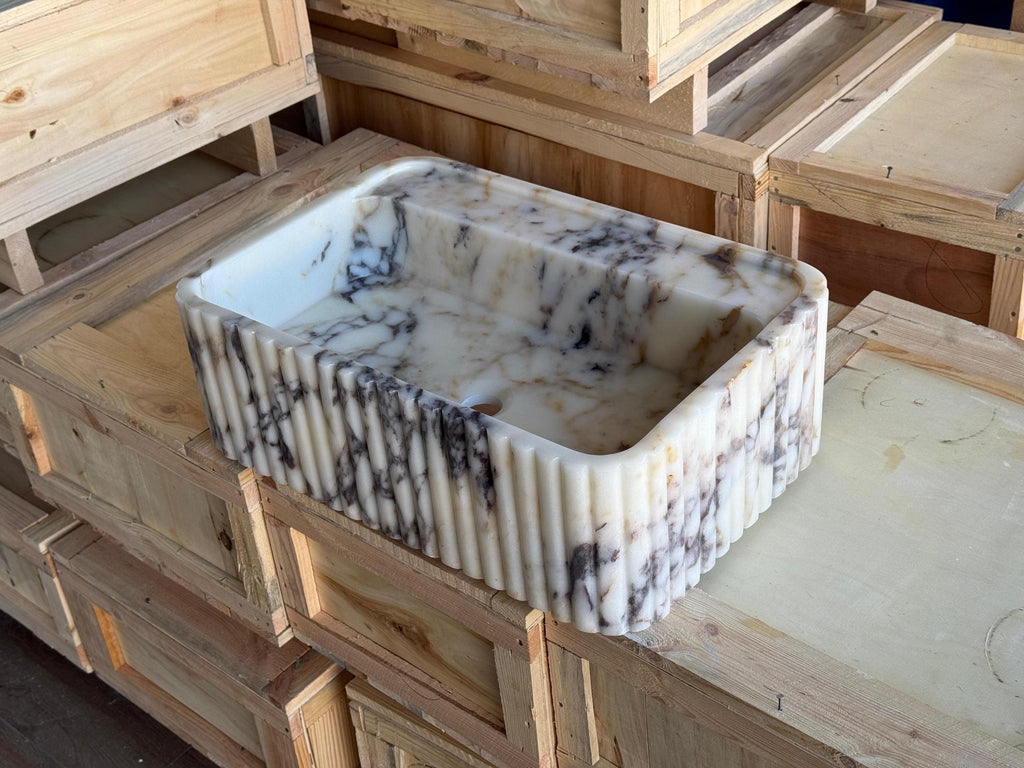 Handcarved Calacatta Viola marble fluted vessel sink by Marblyart, custom made to order — photo 2 of 11