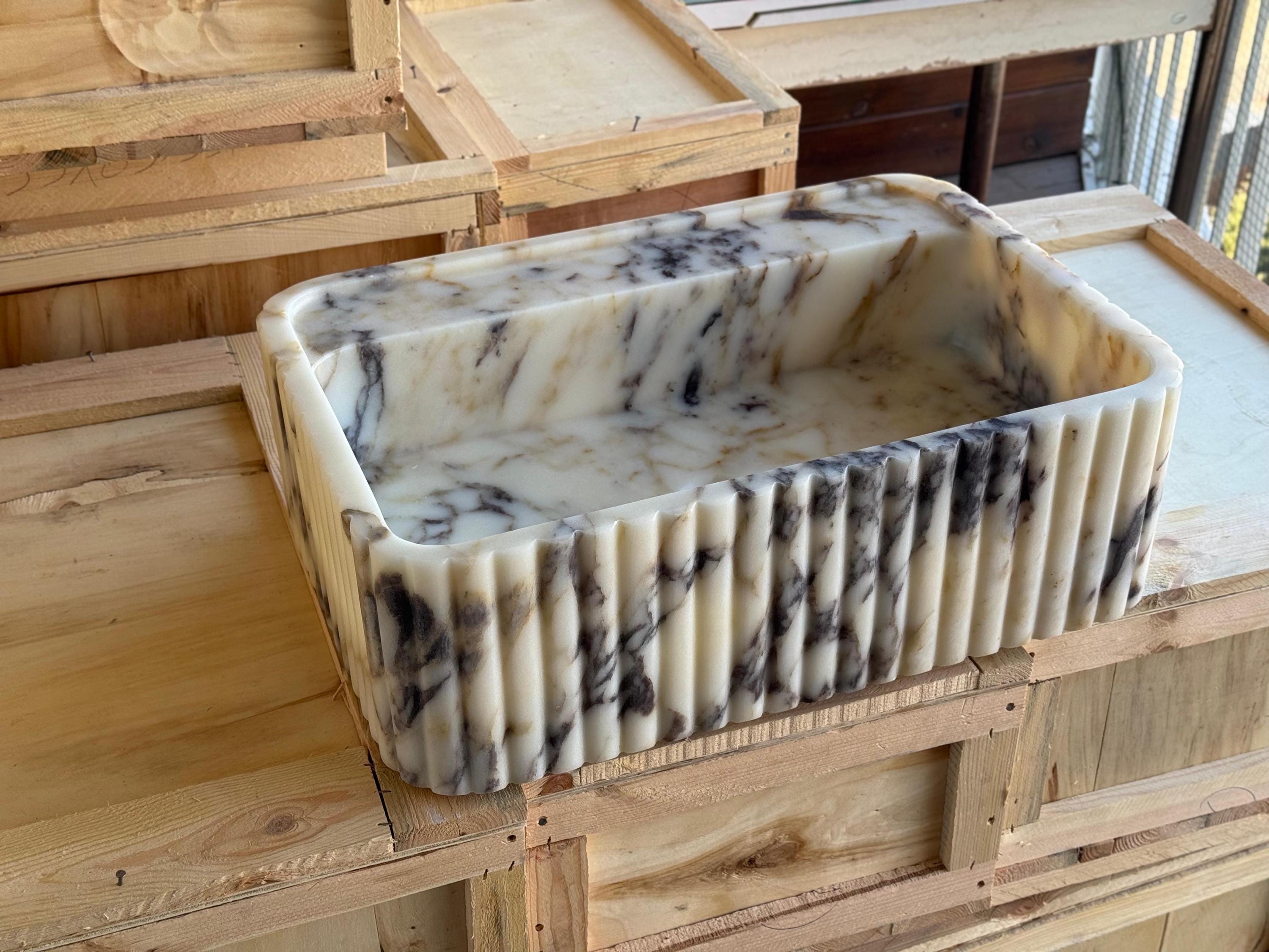 Handcarved Calacatta Viola marble fluted vessel sink by Marblyart, custom made to order — photo 9 of 11
