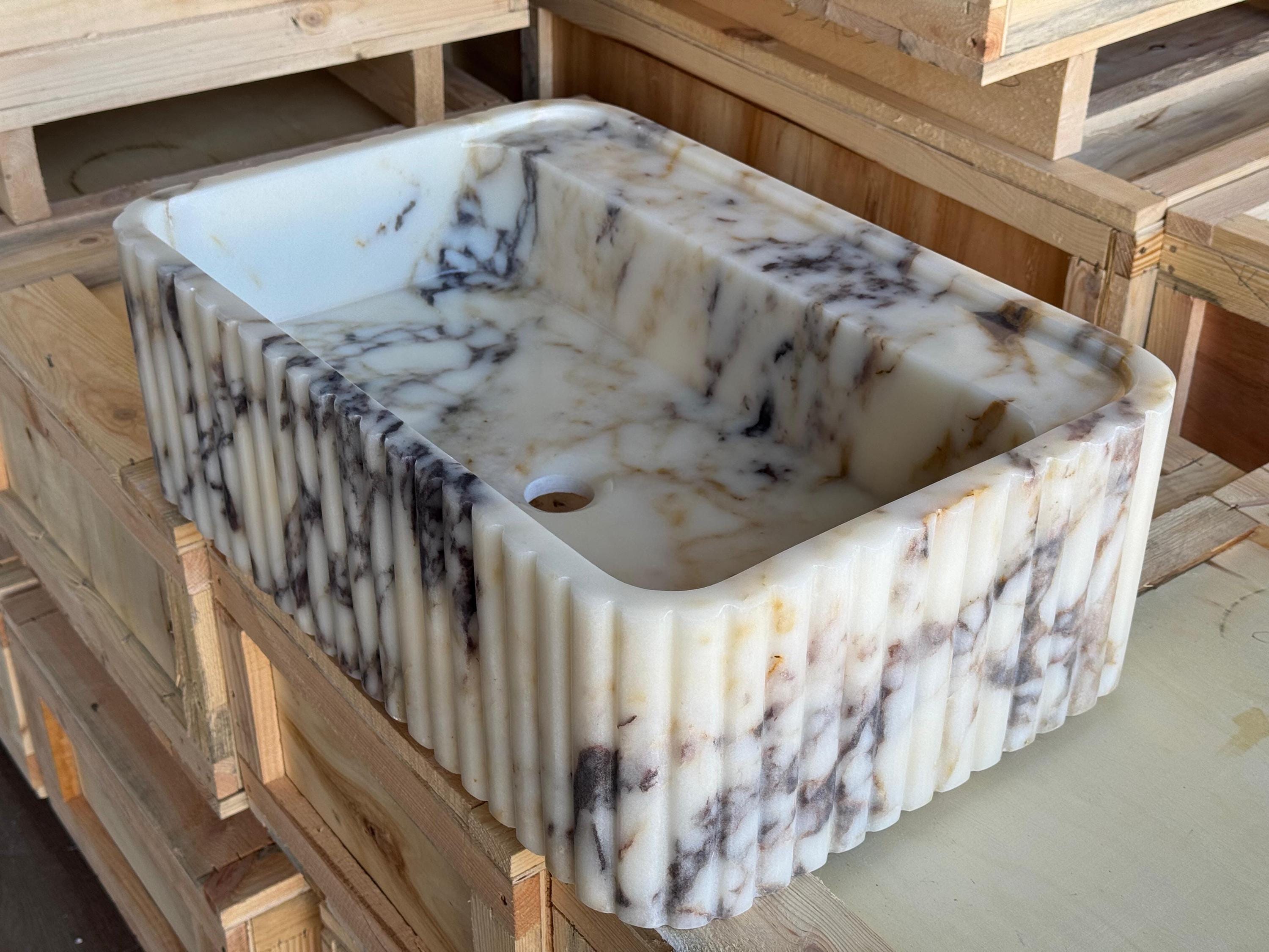 Handcarved Calacatta Viola marble fluted vessel sink by Marblyart, custom made to order — photo 11 of 11