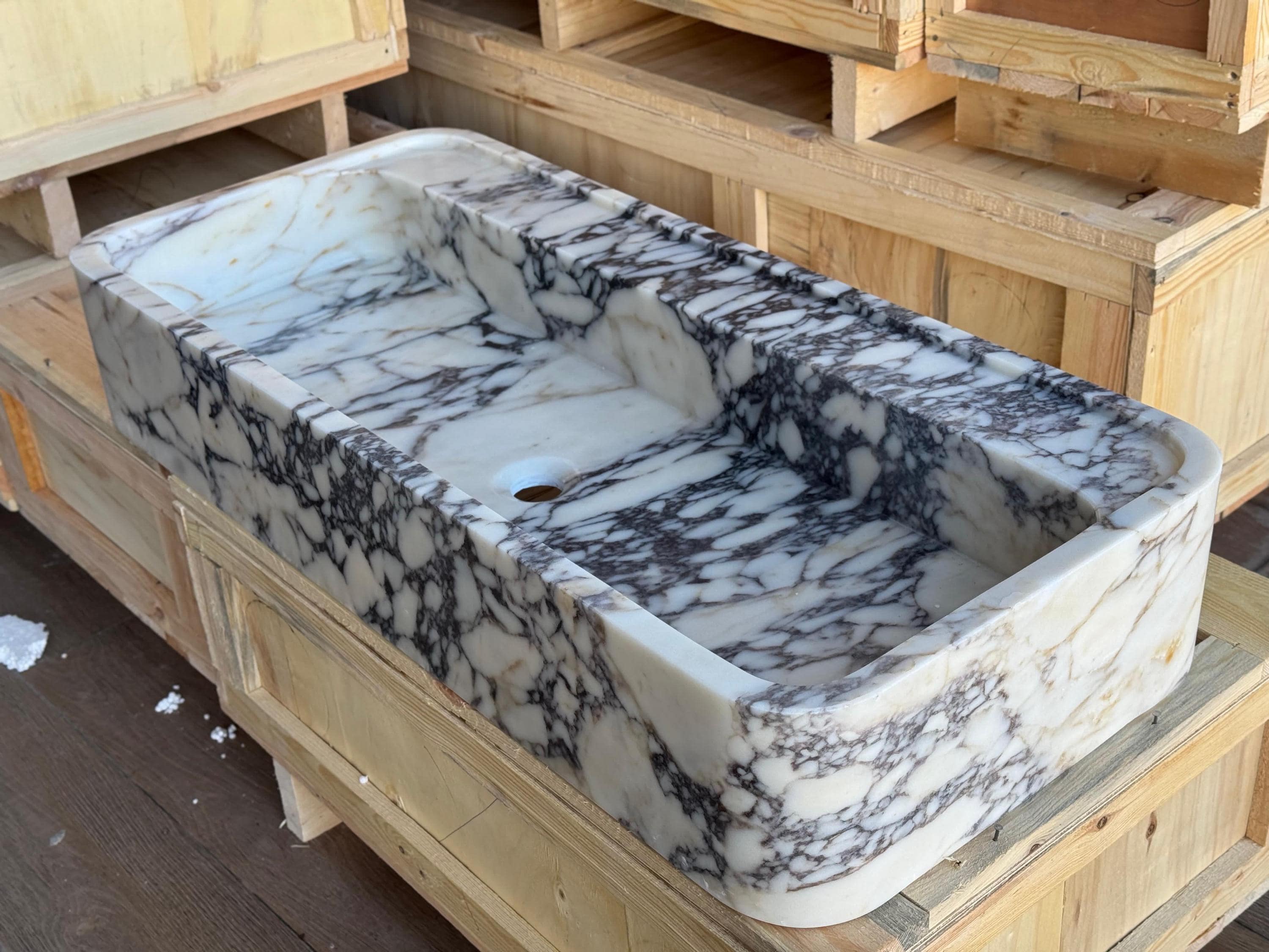 Handcarved Calacatta Viola marble vessel sink by Marblyart, custom made to order — photo 4 of 11