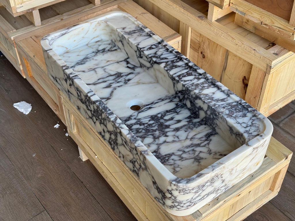 Handcarved Calacatta Viola marble vessel sink by Marblyart, custom made to order — photo 6 of 11