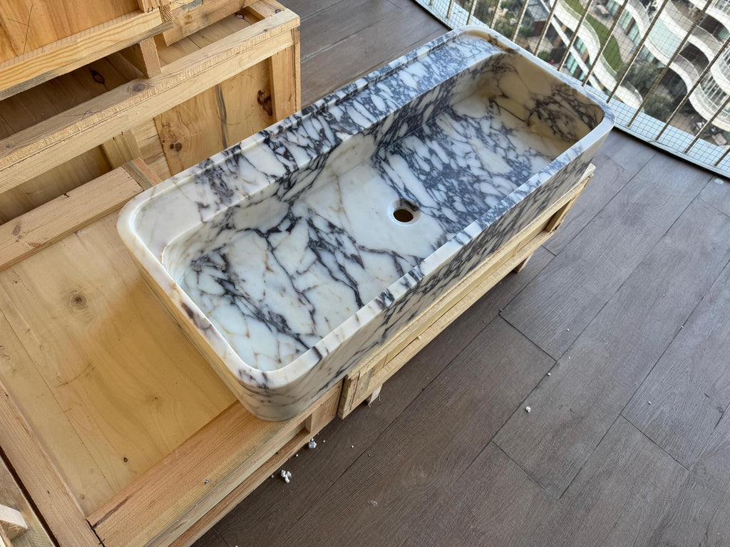 Handcarved Calacatta Viola marble vessel sink by Marblyart, custom made to order — photo 7 of 11