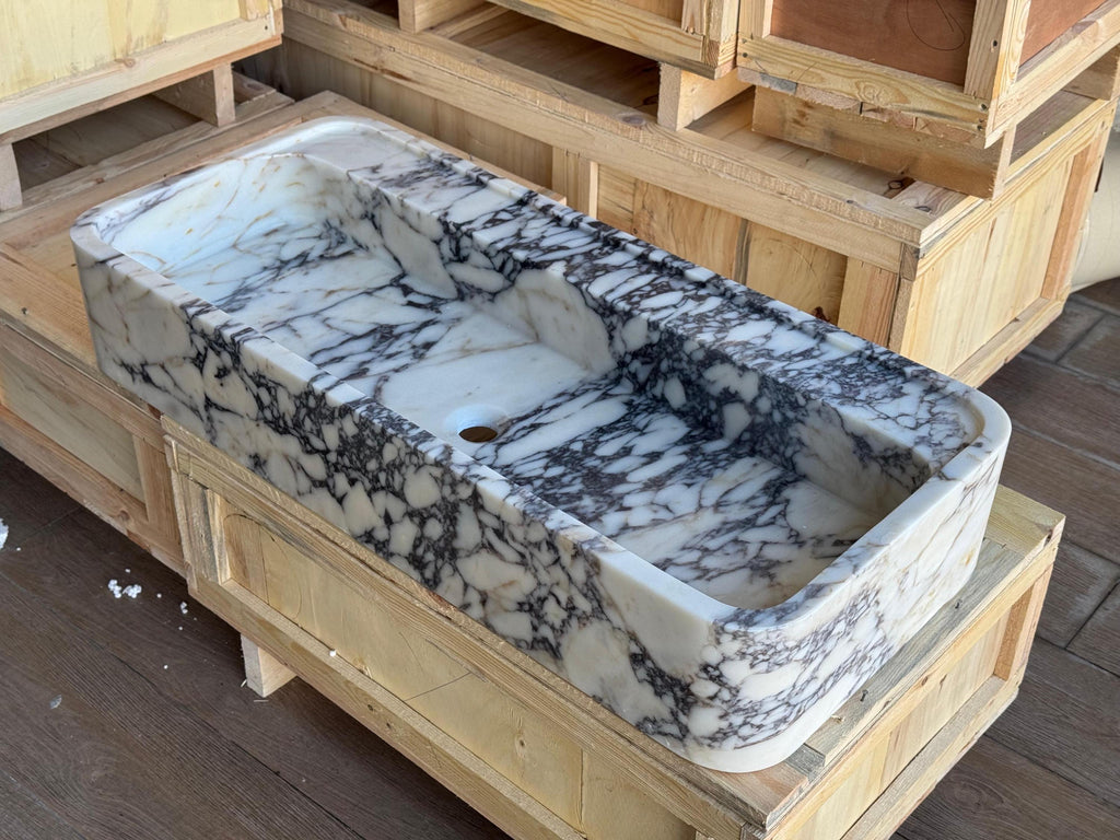 Handcarved Calacatta Viola marble vessel sink by Marblyart, custom made to order — photo 9 of 11