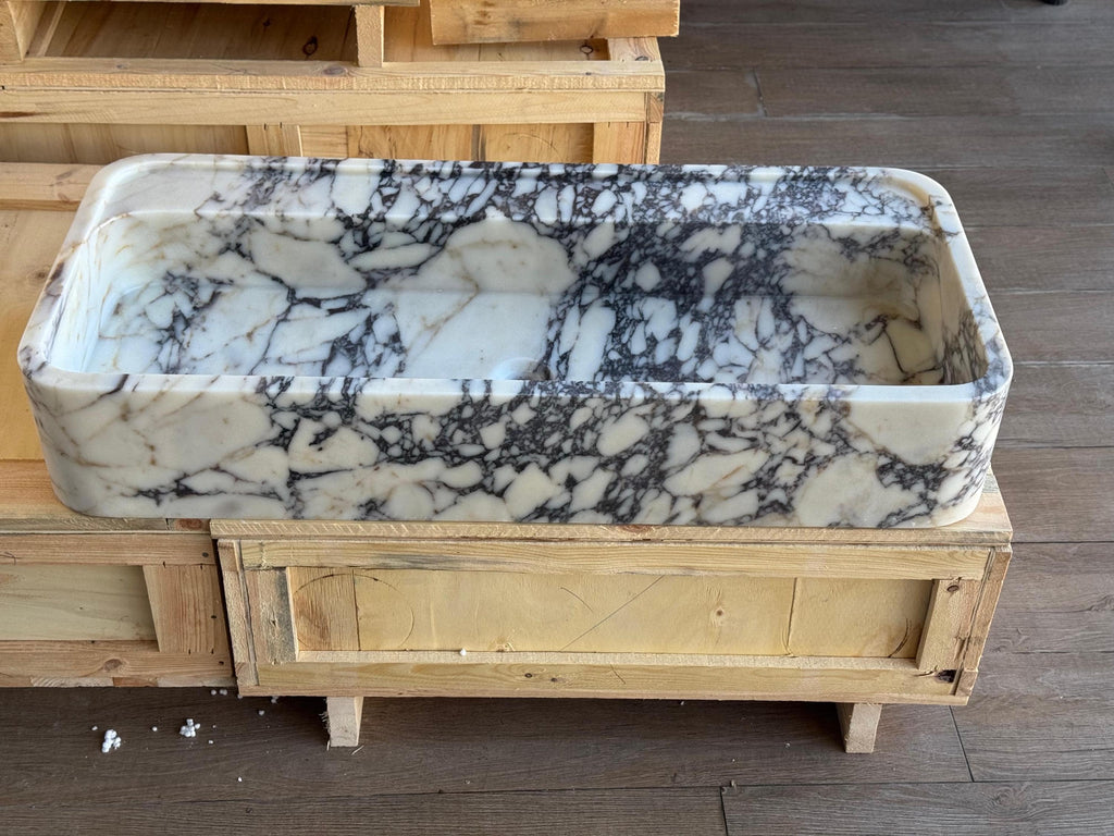 Handcarved Calacatta Viola marble vessel sink by Marblyart, custom made to order — photo 8 of 11
