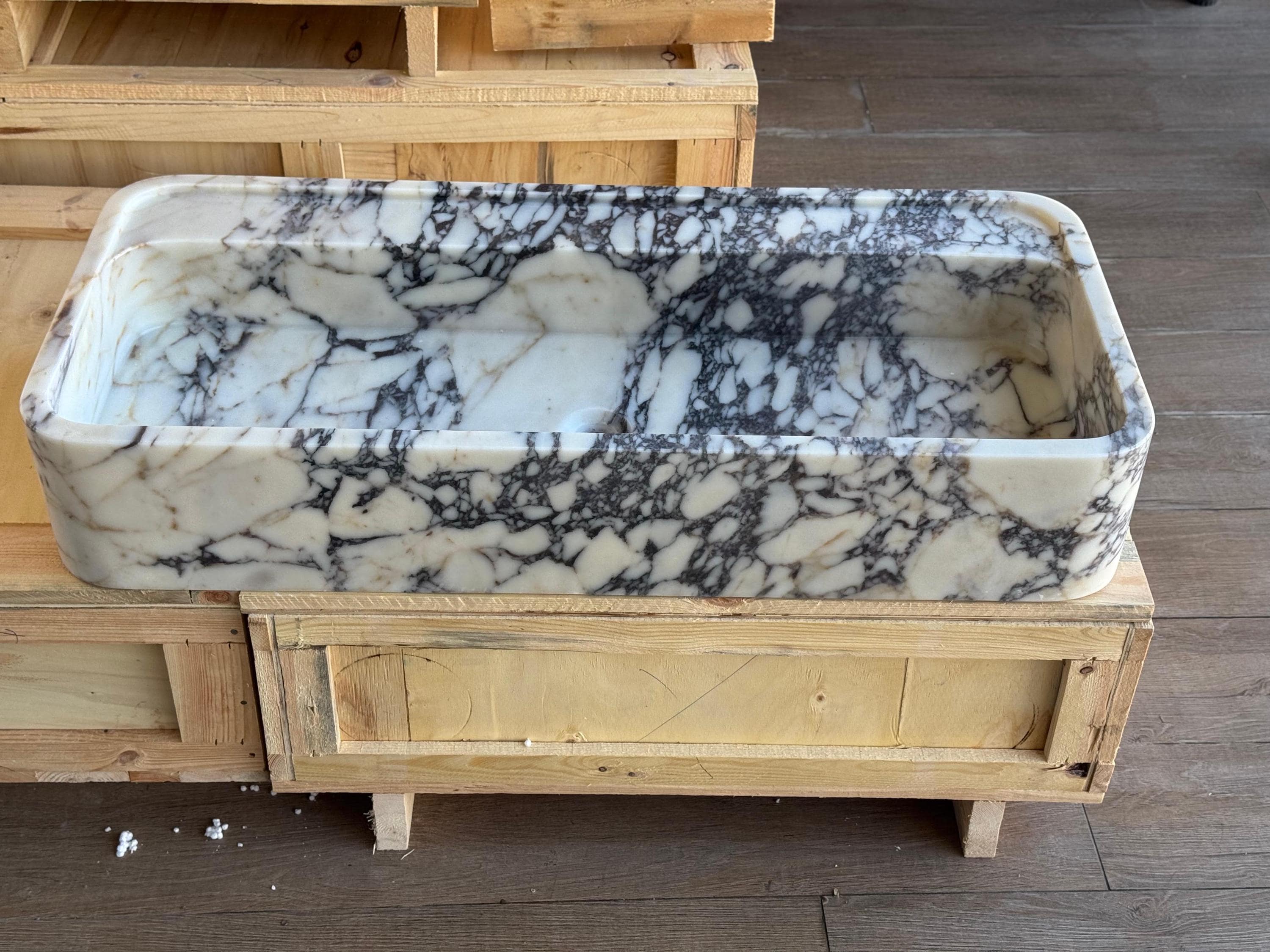 Handcarved Calacatta Viola marble vessel sink by Marblyart, custom made to order — photo 8 of 11