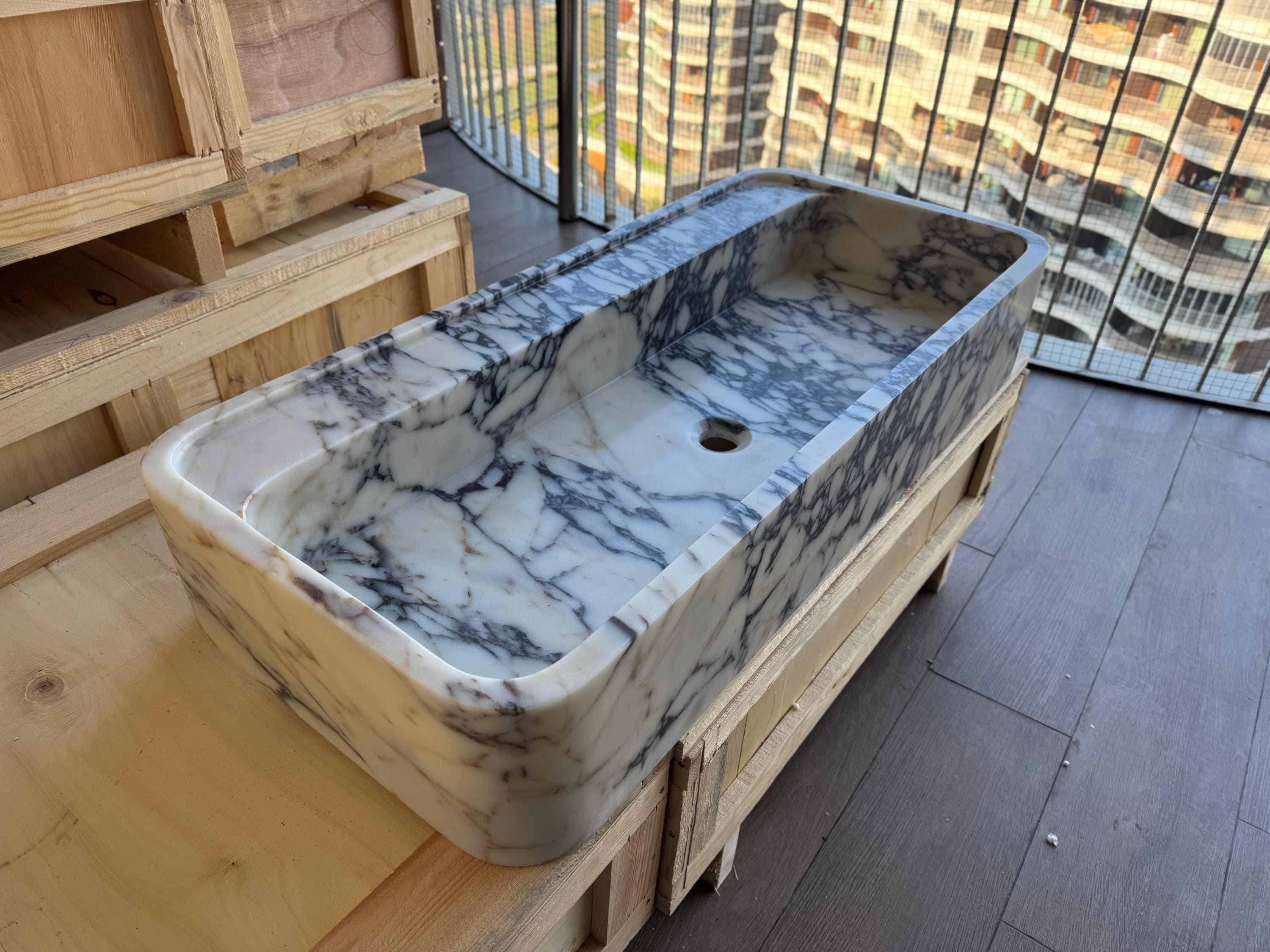 Handcarved Calacatta Viola marble vessel sink by Marblyart, custom made to order — photo 5 of 11