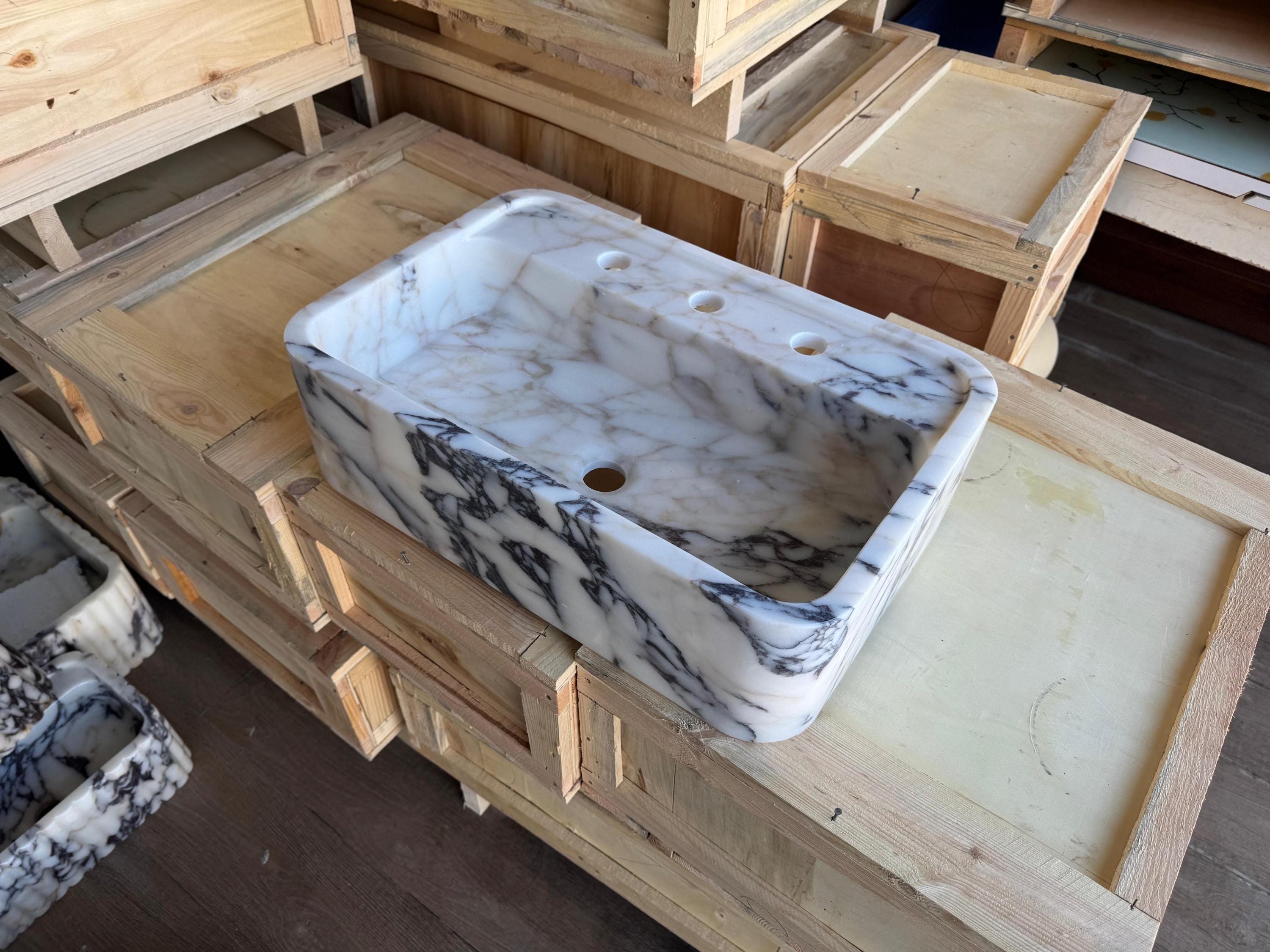 Handcarved Calacatta Viola marble vessel sink by Marblyart, custom made to order — photo 6 of 7