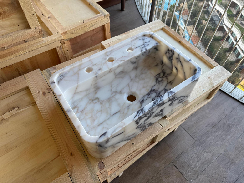 Handcarved Calacatta Viola marble vessel sink by Marblyart, custom made to order — photo 4 of 7