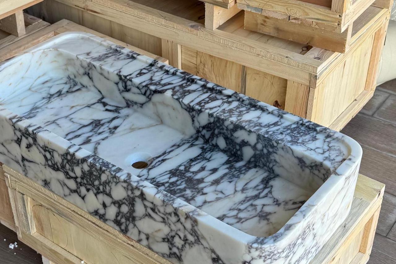 Handcarved Calacatta Viola marble vessel sink by Marblyart, custom made to order — photo 2 of 11