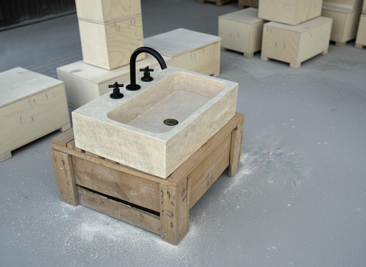 Handcarved beige travertine marble vessel sink by Marblyart, custom made to order — photo 2 of 11