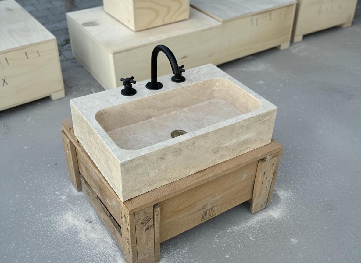 Handcarved beige travertine marble vessel sink by Marblyart, custom made to order — photo 4 of 11