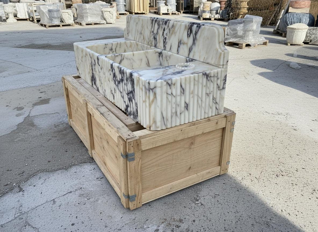Handcarved Calacatta Viola marble vessel sink by Marblyart, custom made to order — photo 8 of 11