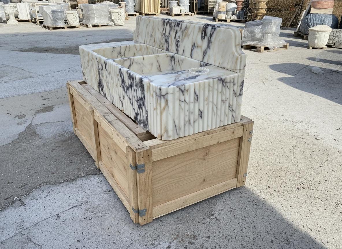 Handcarved Calacatta Viola marble vessel sink by Marblyart, custom made to order — photo 8 of 11