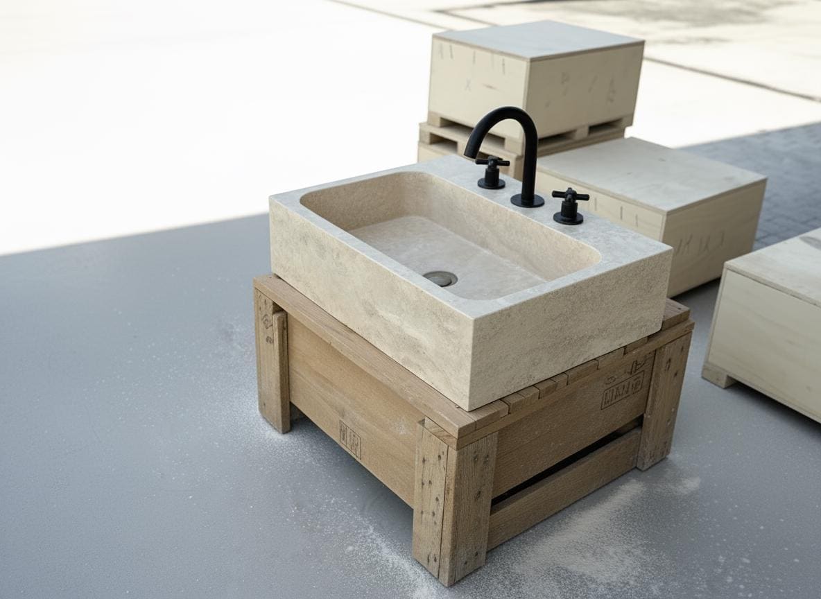 Handcarved beige travertine marble vessel sink by Marblyart, custom made to order — photo 5 of 11