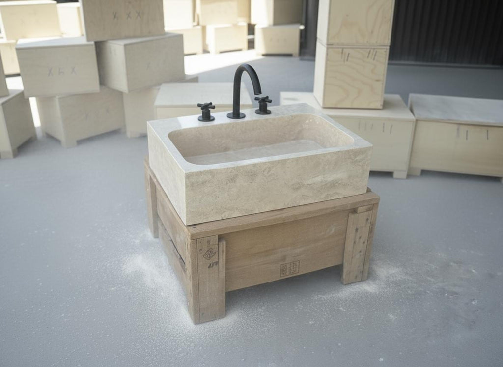 Handcarved beige travertine marble vessel sink by Marblyart, custom made to order — photo 7 of 11