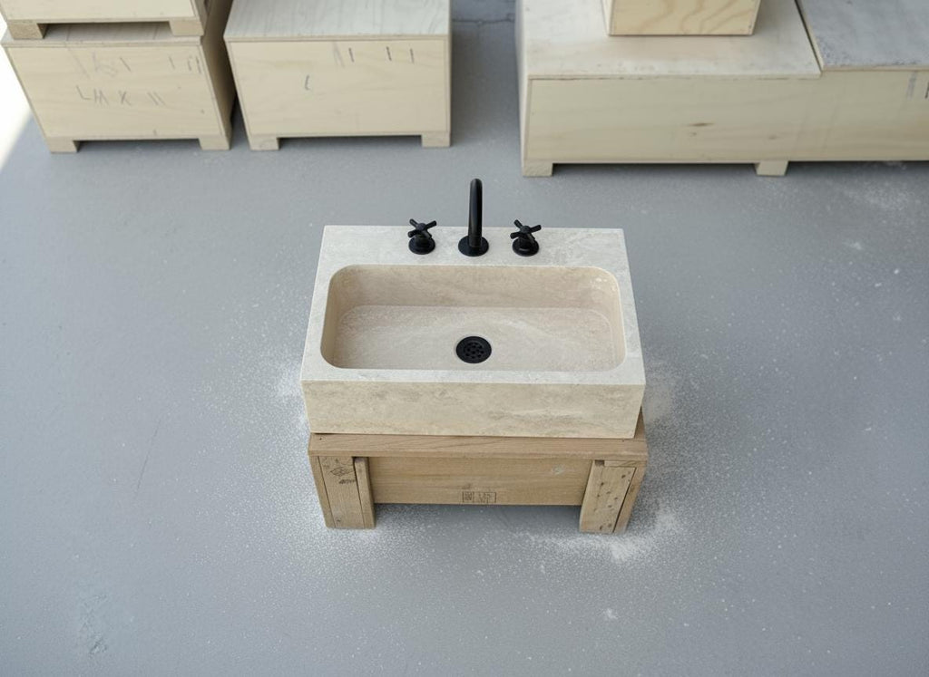 Handcarved beige travertine marble vessel sink by Marblyart, custom made to order — photo 9 of 11