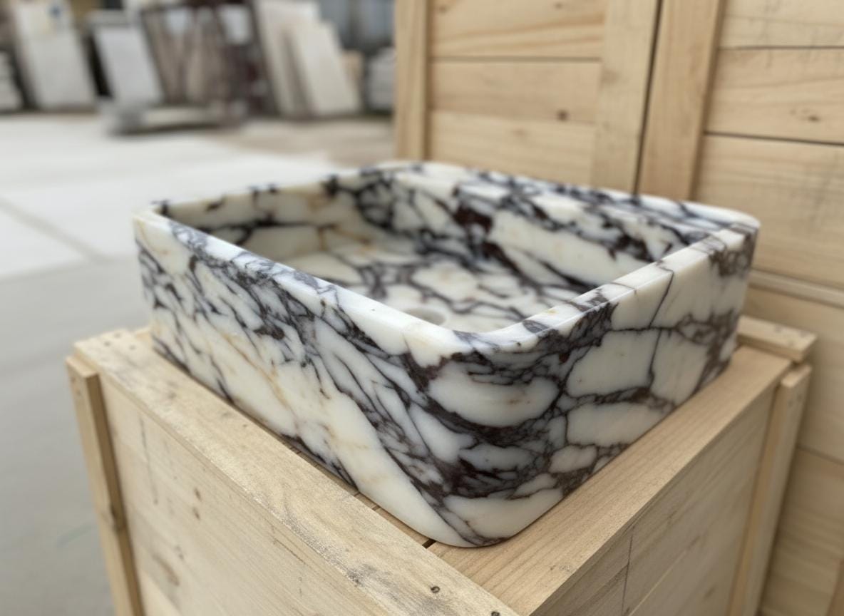 Handcarved Calacatta Viola marble wall mounted sink by Marblyart, custom made to order — photo 4 of 11