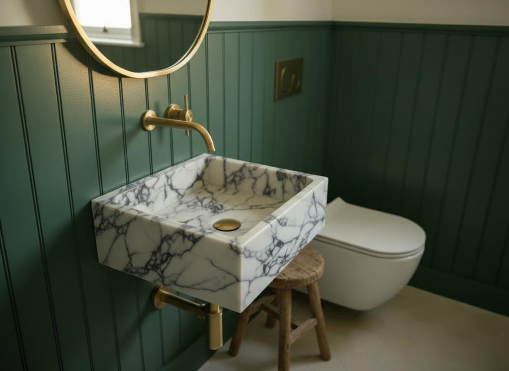 Handcarved Calacatta Viola marble fluted vessel sink by Marblyart, custom made to order — photo 8 of 9