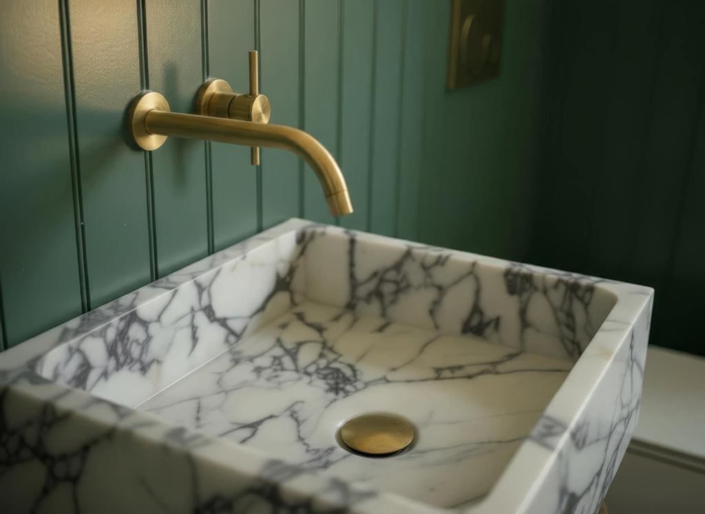 Handcarved Calacatta Viola marble fluted vessel sink by Marblyart, custom made to order — photo 2 of 9