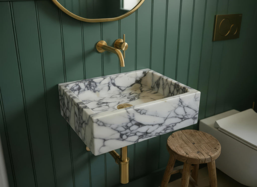 Handcarved Calacatta Viola marble fluted vessel sink by Marblyart, custom made to order — photo 3 of 9
