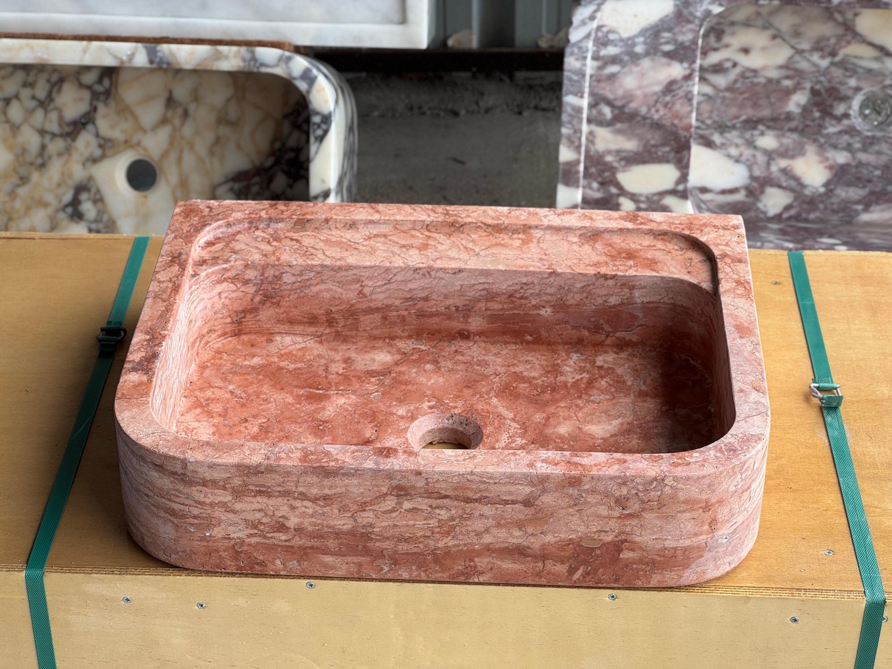 Handcarved red travertine marble vessel sink by Marblyart, custom made to order — photo 10 of 15