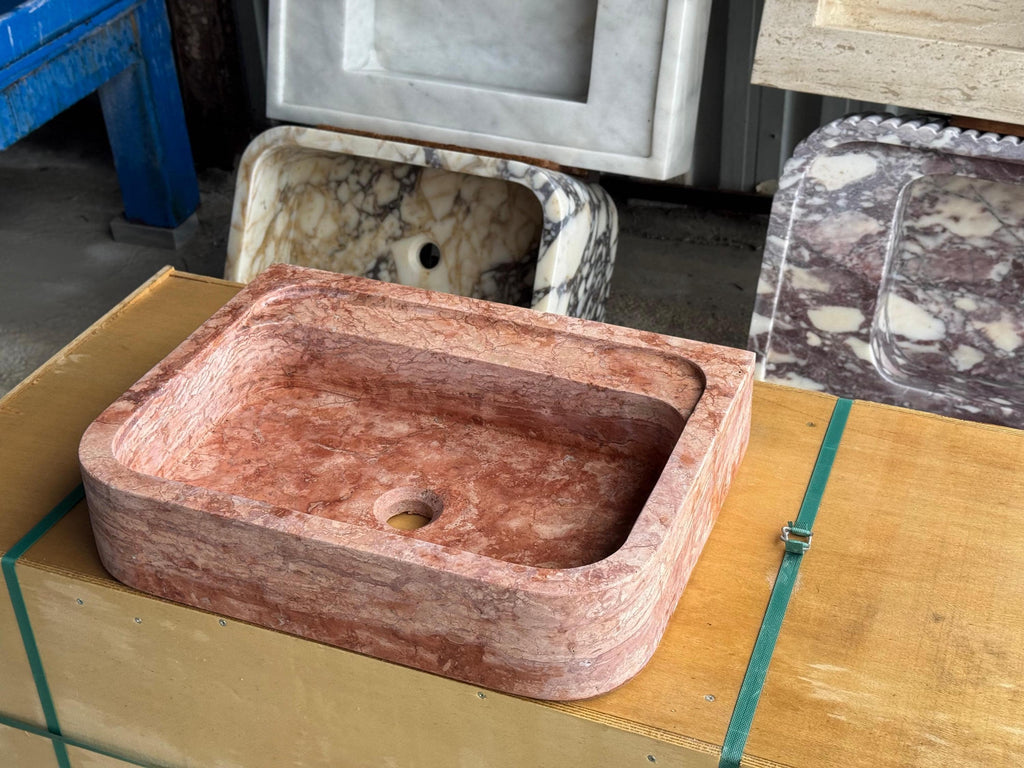 Handcarved red travertine marble vessel sink by Marblyart, custom made to order — photo 12 of 15