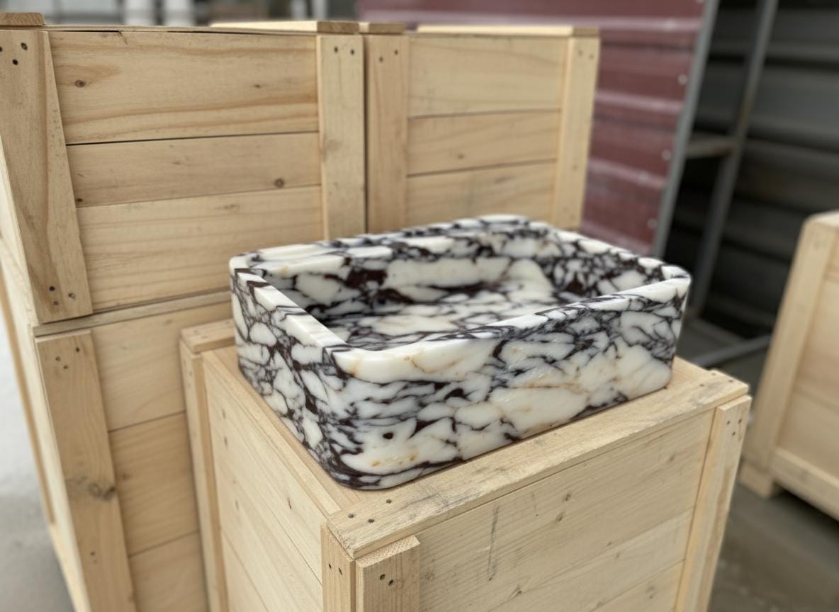 Handcarved Calacatta Viola marble wall mounted sink by Marblyart, custom made to order — photo 5 of 11
