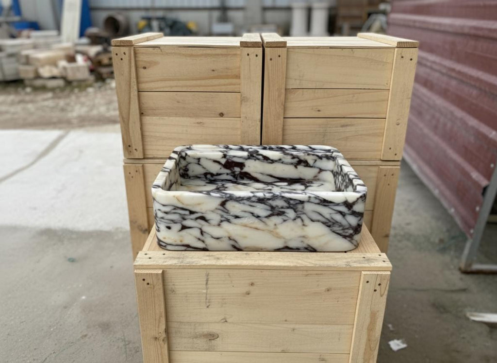 Handcarved Calacatta Viola marble wall mounted sink by Marblyart, custom made to order — photo 10 of 11